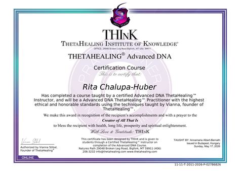 ThetaHealing Advanced DNA bizonyítvány – Huber Rita