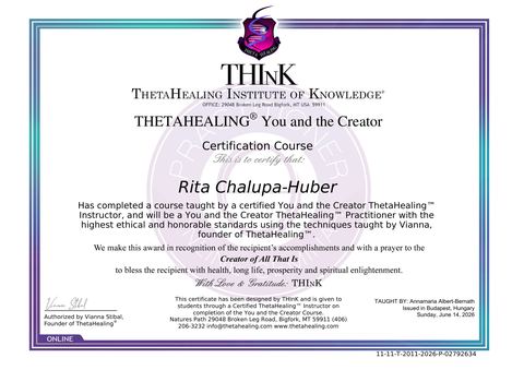ThetaHealing You and the Creator bizonyítvány – Huber Rita